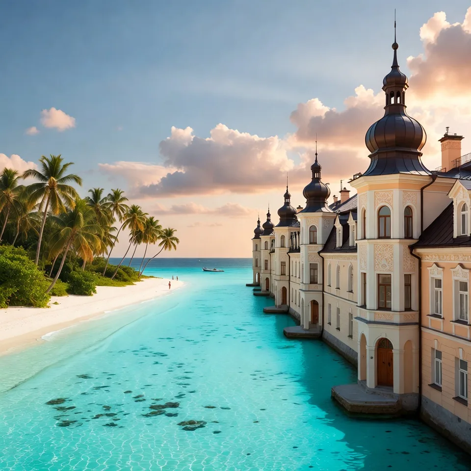 Luxury overwater villa at sunset